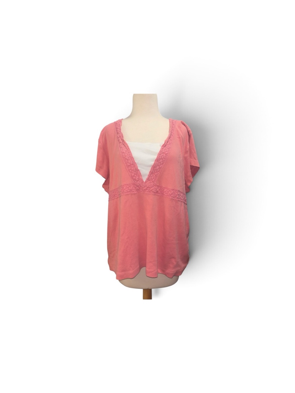 Dressbarn Babydoll Coral Pink V-Neck Lace-Trim Tunic